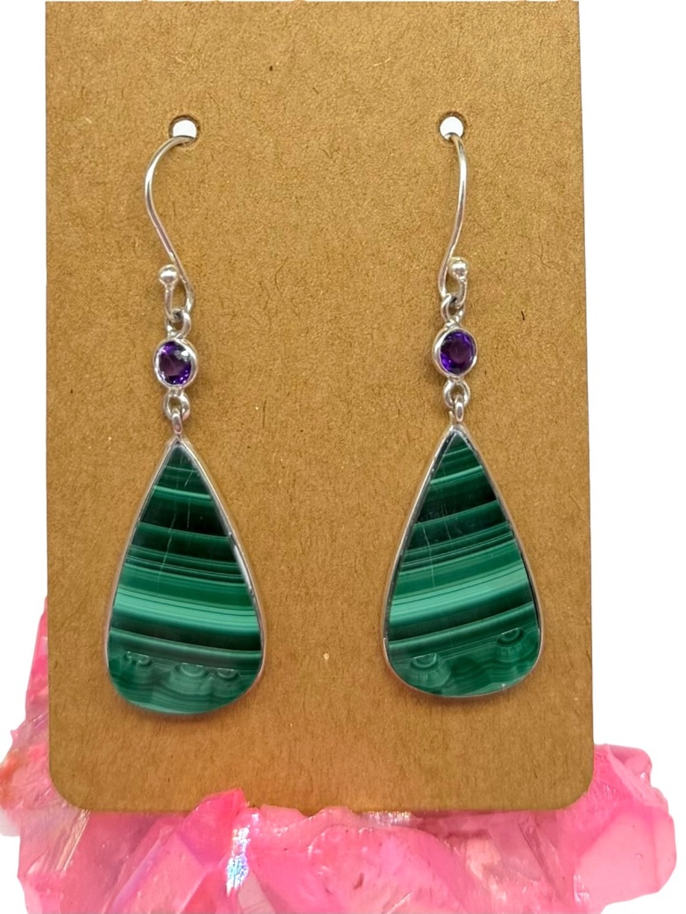 Malachite & Amethyst Earrings Solid 925 Sterling Silver Green Stone